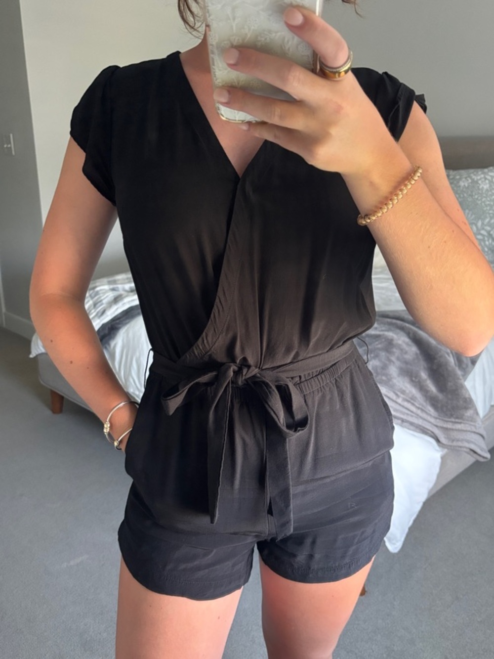 LOFT Black Tie-Waist V-Neck Romper